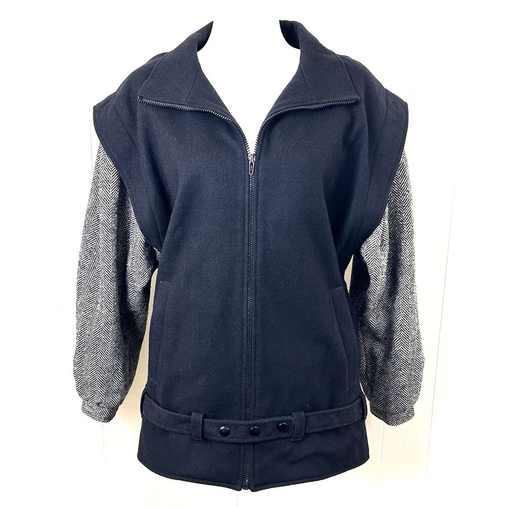 Vintage Women Wool Jacket Size L Oversized Black Grey Sleeves with Belt 80s 90s